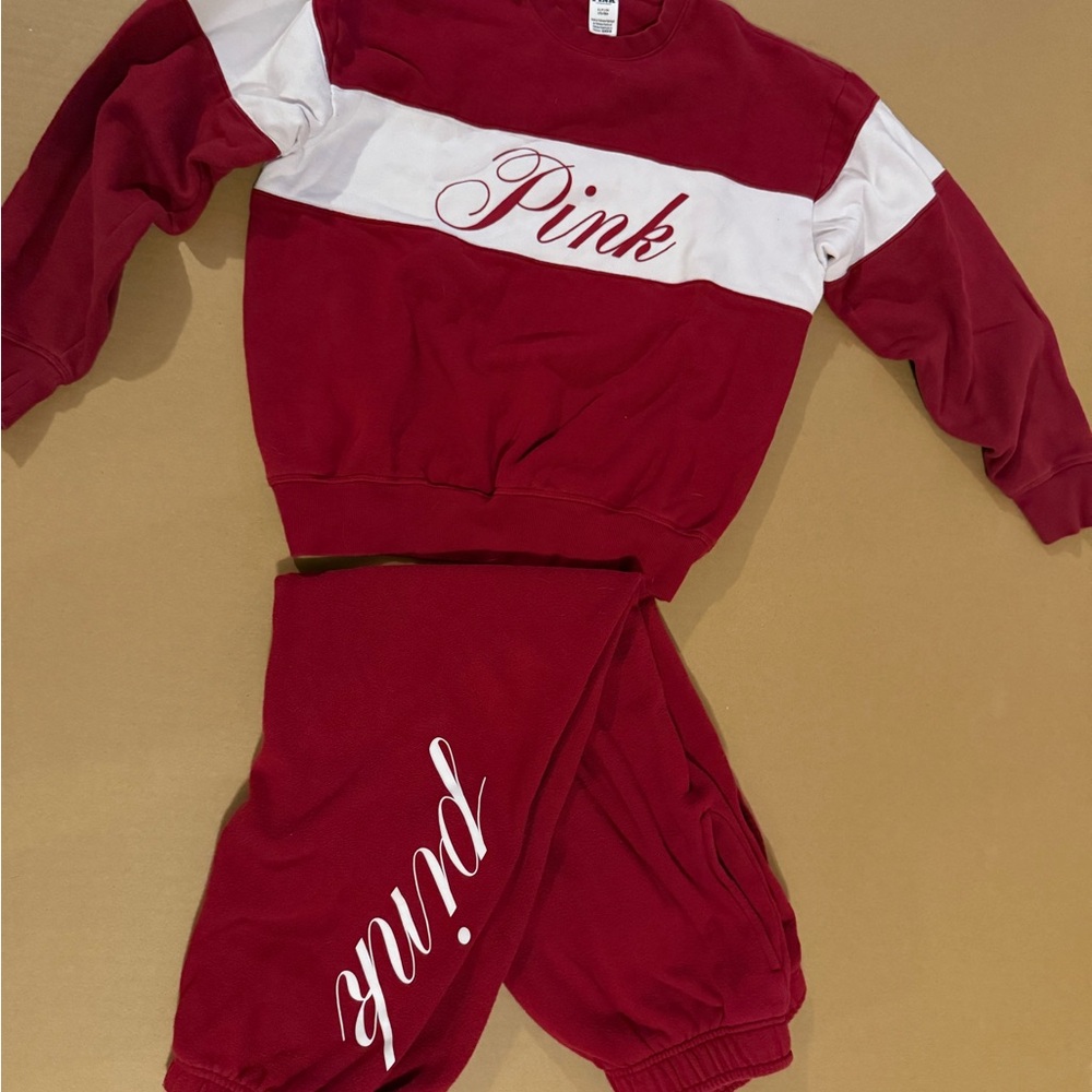 VS PINK size small Red and White Sweatshirt and Sweatpants Set